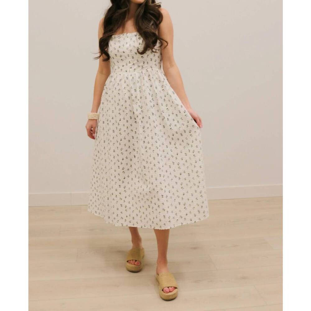 NEW B.RIGHT avielle ditzy floral clip dot corset tie midi dress in white blue mu
